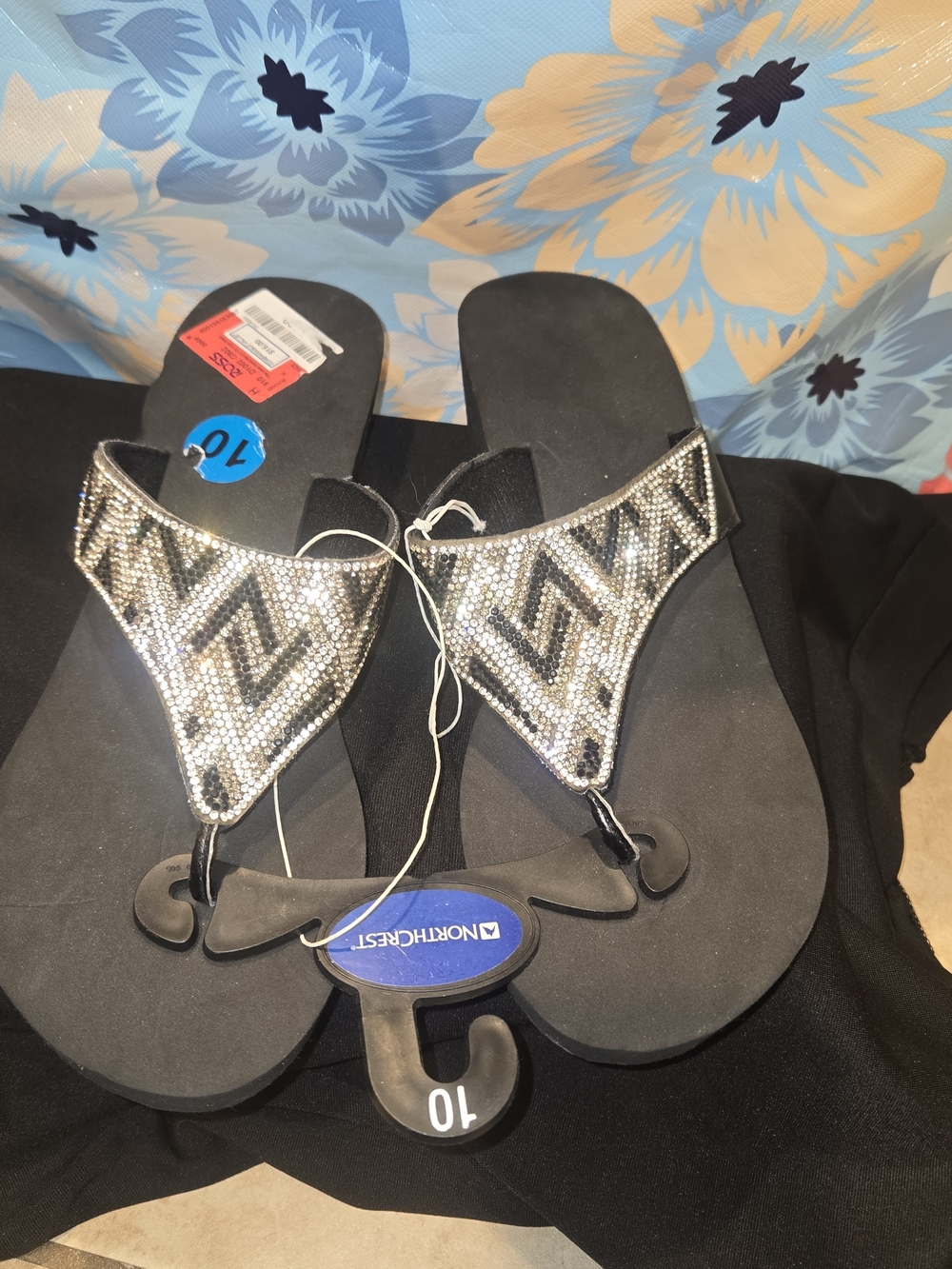 Northcrest Black Jeweled Thong Sandals